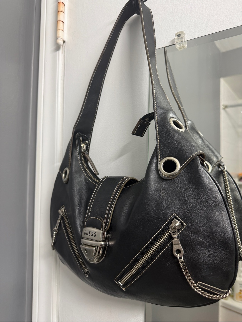 GUESS Black Leather Shoulder Hobo with Silver Hardware
